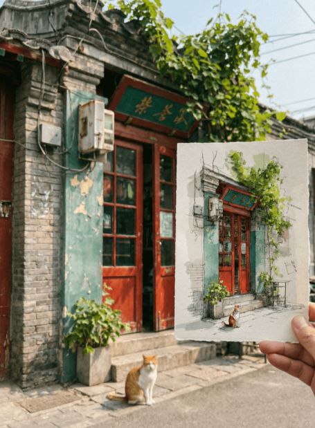 纳米香蕉：胡同与猫的手绘稿与真实场景对比