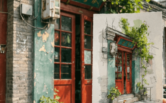 纳米香蕉:胡同与猫的手绘稿与真实场景对比